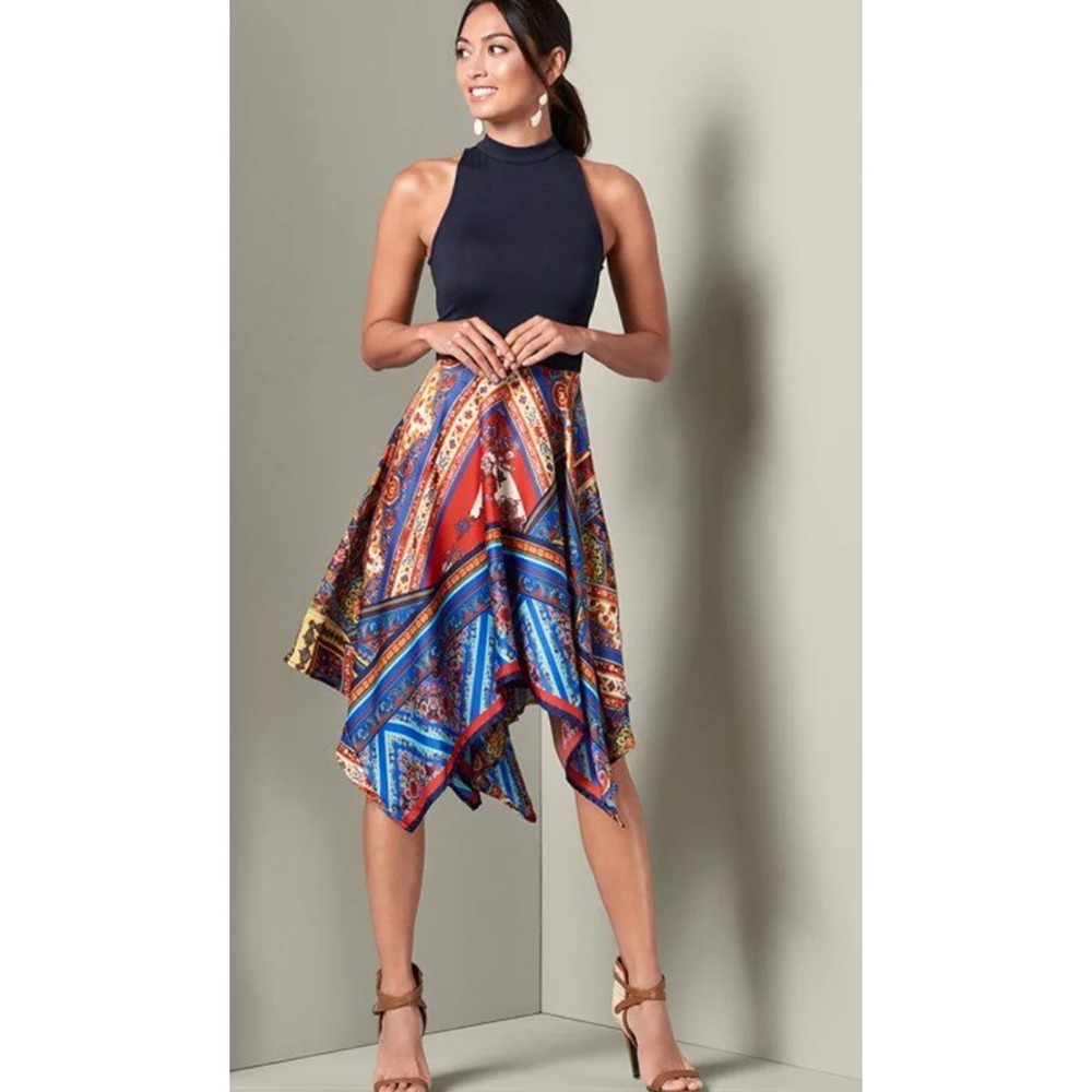 Venus Navy Blue Scarf Print Handkerchief Hem Midi Dress Small  Boho vibrant